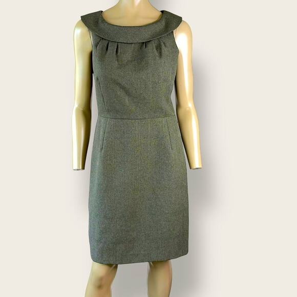 Karin Stevens Vintage Sleeveless Bertha Collar Sheath Dress 12P Taupe Gray Green - Picture 1 of 13